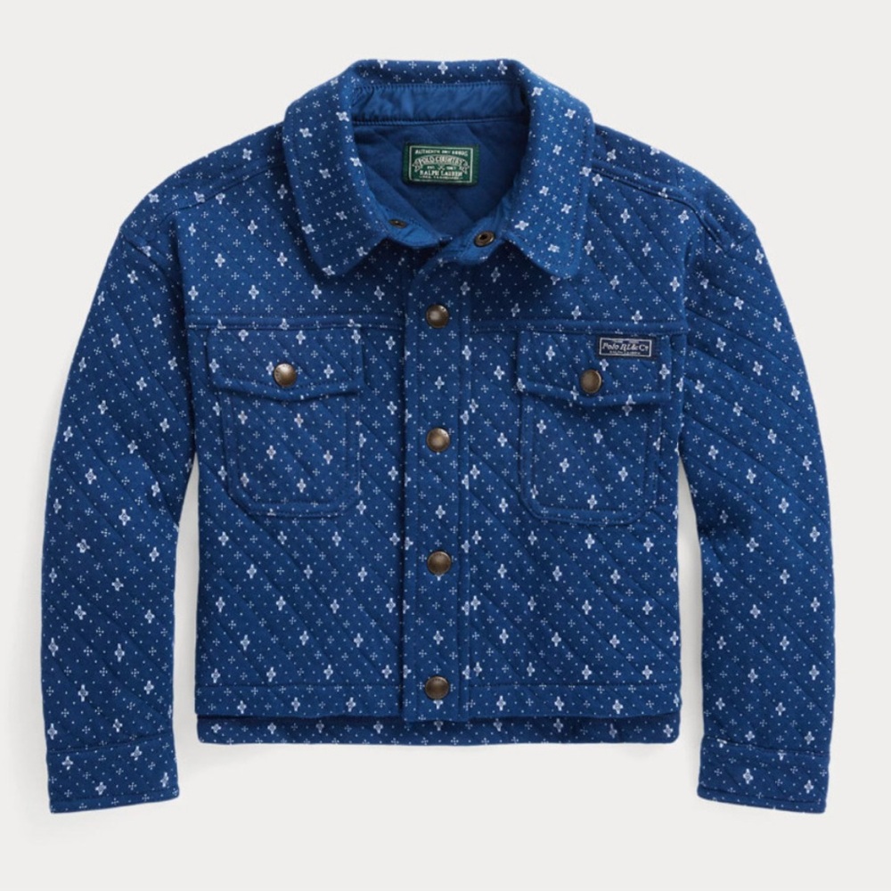 NWT Polo Ralph Lauren Girls Blue Geometric Quilted Shirt TruckerJacket Lg 12-14